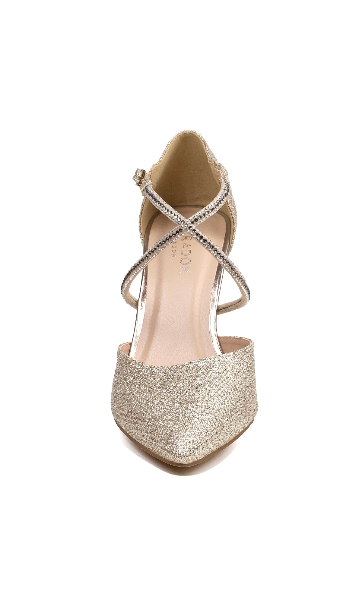 Front view of the Kennedy Champagne Prom Shoe (Paradox London P2238) in glittery gold with crisscross ankle straps, closed toe, and low heel, shown against a plain white background.
